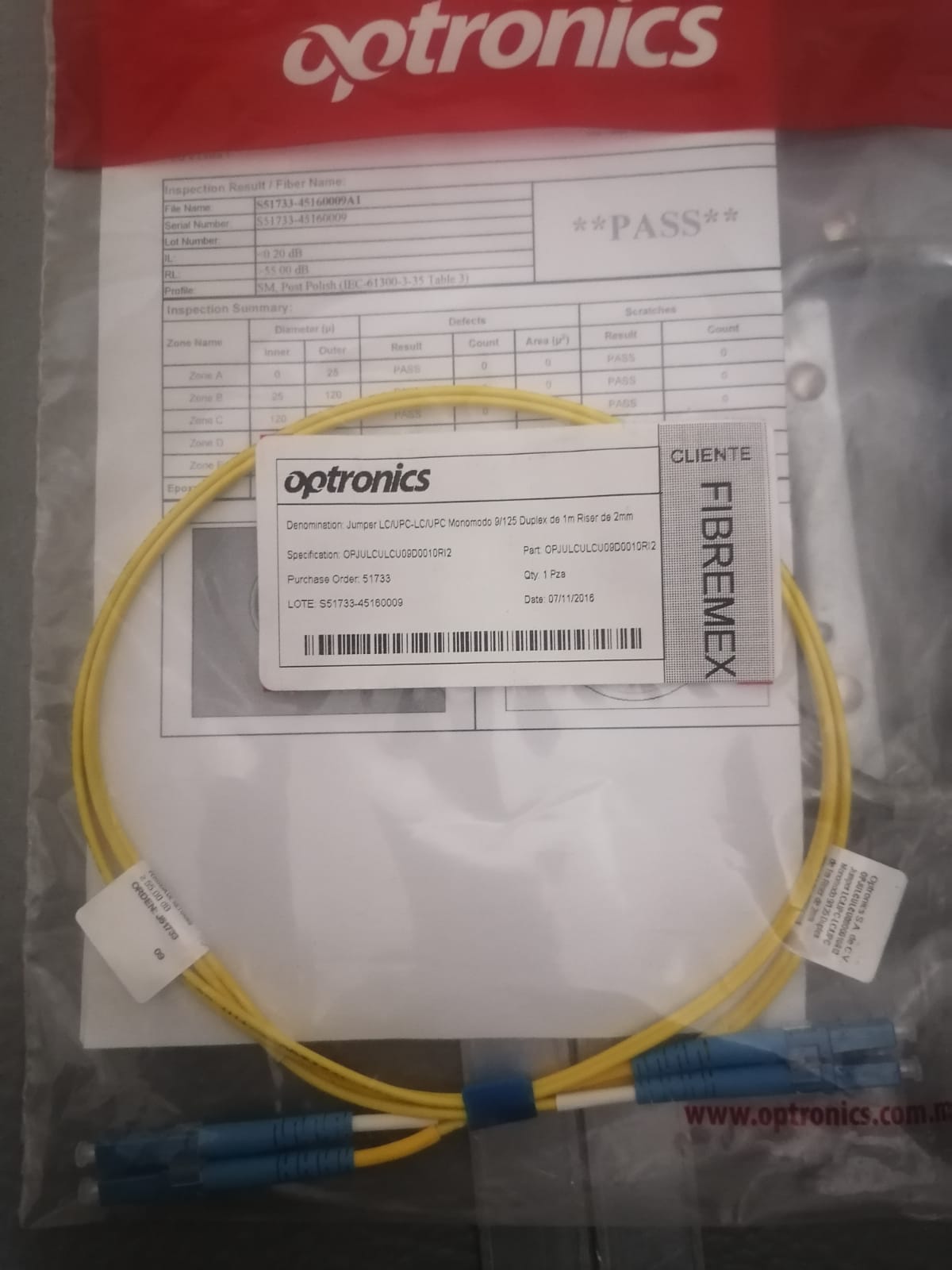CABLE DUPLEX DE FIBRA OPTICA DE 1 MTS. MCA. OPTRONICS.
